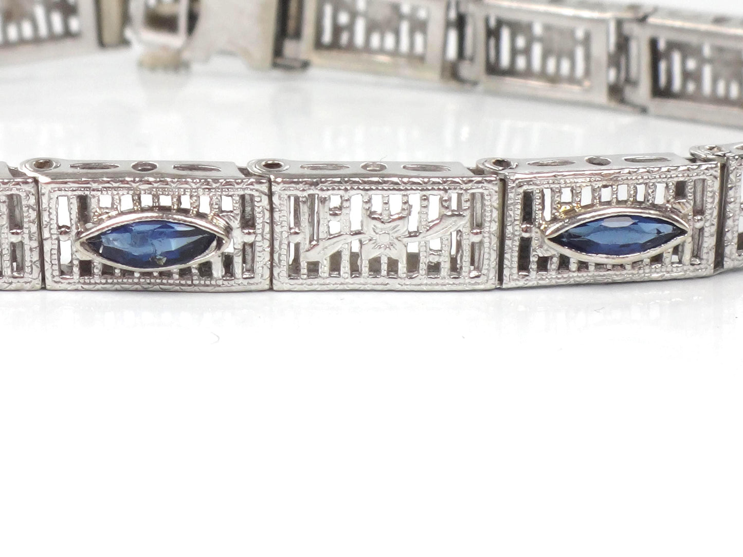 Art Deco 14k White Gold Filigree Blue Glass Straight Line Bracelet 6.75"-BelmarJewelers