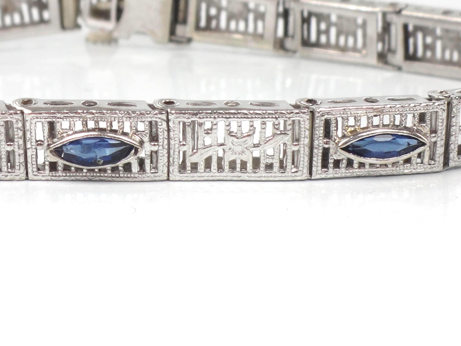 Art Deco 14k White Gold Filigree Blue Glass Straight Line Bracelet 6.75"-BelmarJewelers