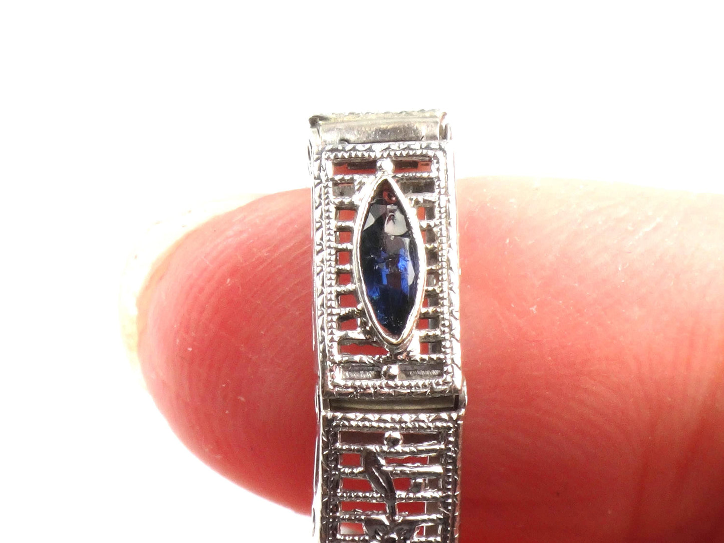 Art Deco 14k White Gold Filigree Blue Glass Straight Line Bracelet 6.75"-BelmarJewelers