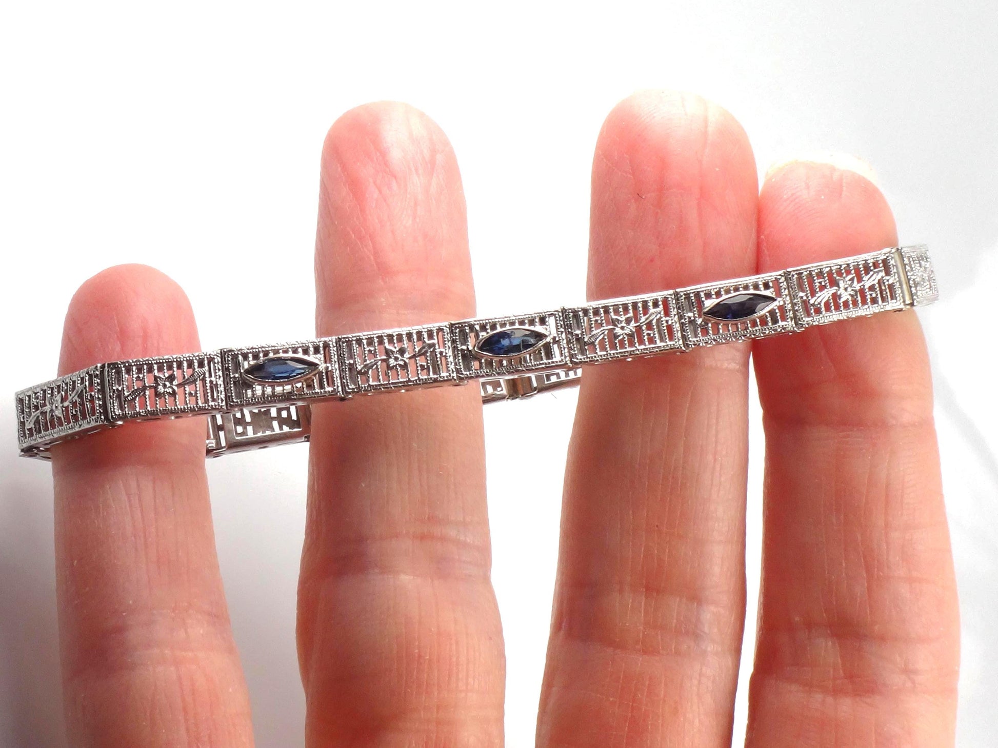 Art Deco 14k White Gold Filigree Blue Glass Straight Line Bracelet 6.75"-BelmarJewelers