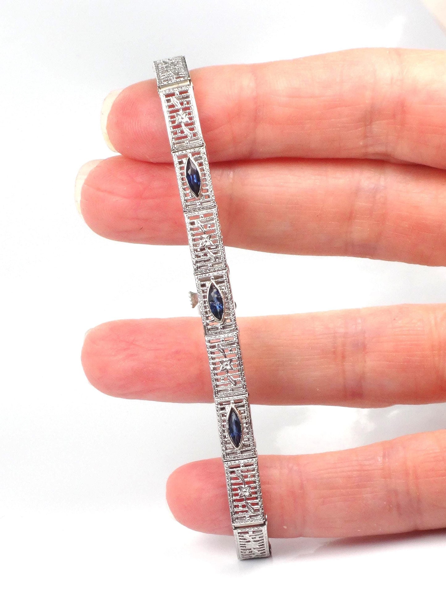 Art Deco 14k White Gold Filigree Blue Glass Straight Line Bracelet 6.75"-BelmarJewelers