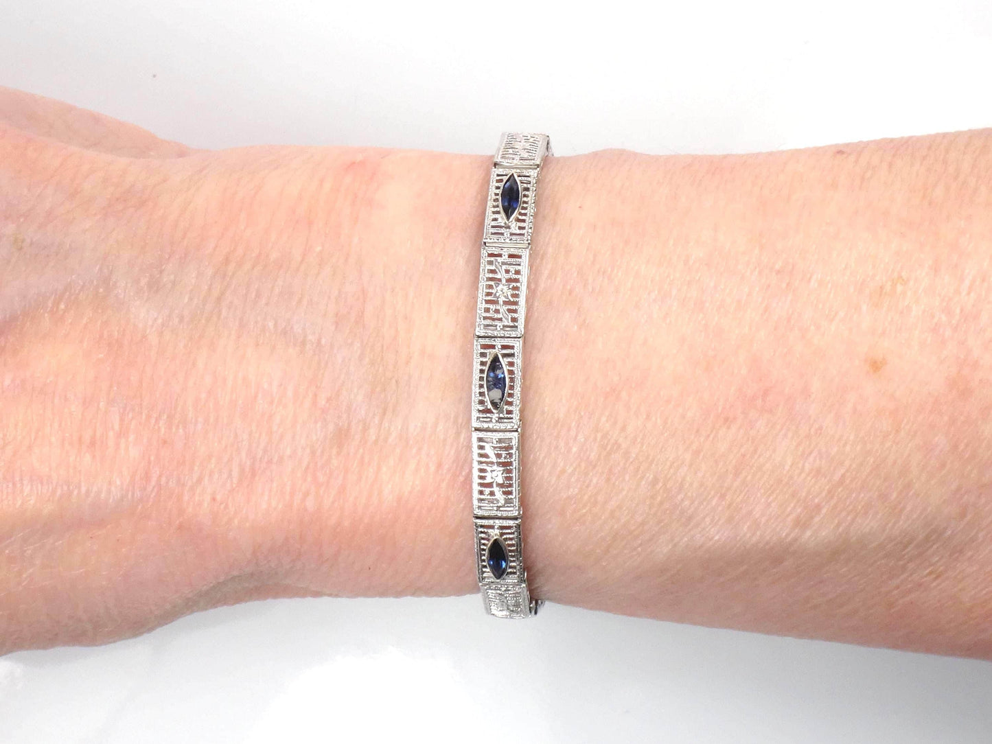 Art Deco 14k White Gold Filigree Blue Glass Straight Line Bracelet 6.75"-BelmarJewelers
