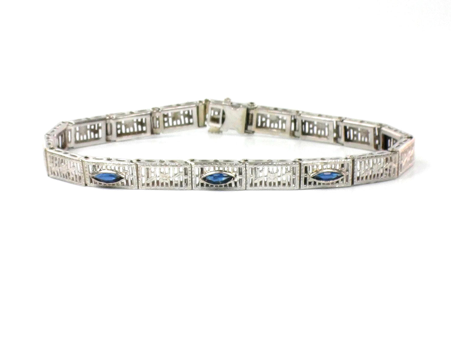 Art Deco 14k White Gold Filigree Blue Glass Straight Line Bracelet 6.75"-BelmarJewelers