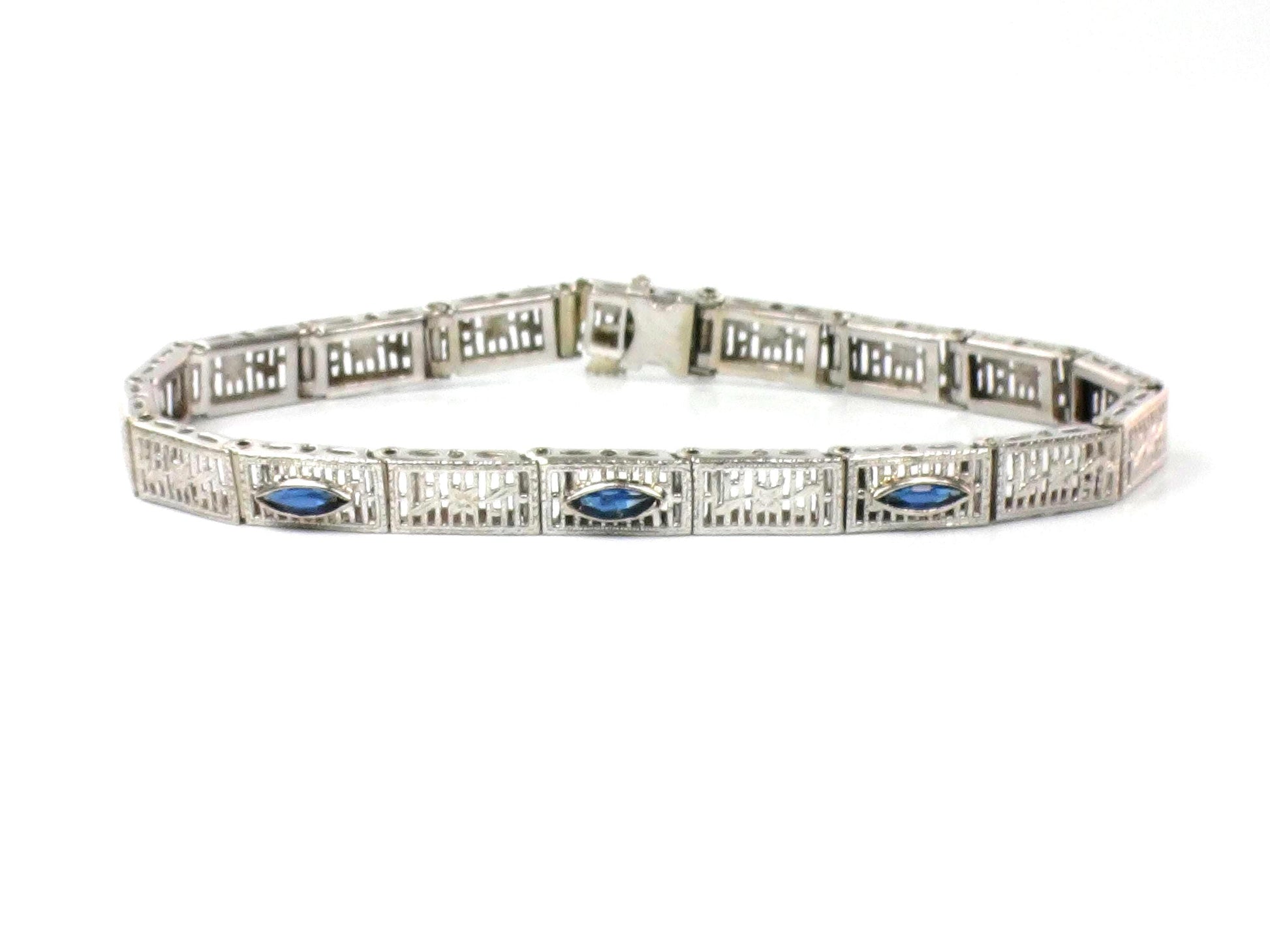 Art Deco 14k White Gold Filigree Blue Glass Straight Line Bracelet 6.75"-BelmarJewelers