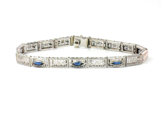 Art Deco 14k White Gold Filigree Blue Glass Straight Line Bracelet 6.75"-BelmarJewelers