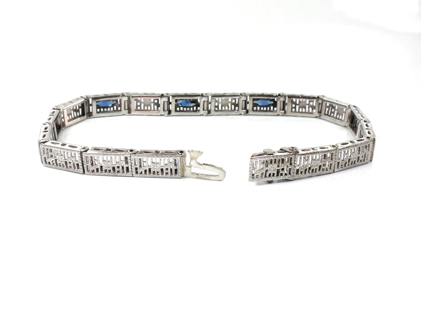 Art Deco 14k White Gold Filigree Blue Glass Straight Line Bracelet 6.75"-BelmarJewelers