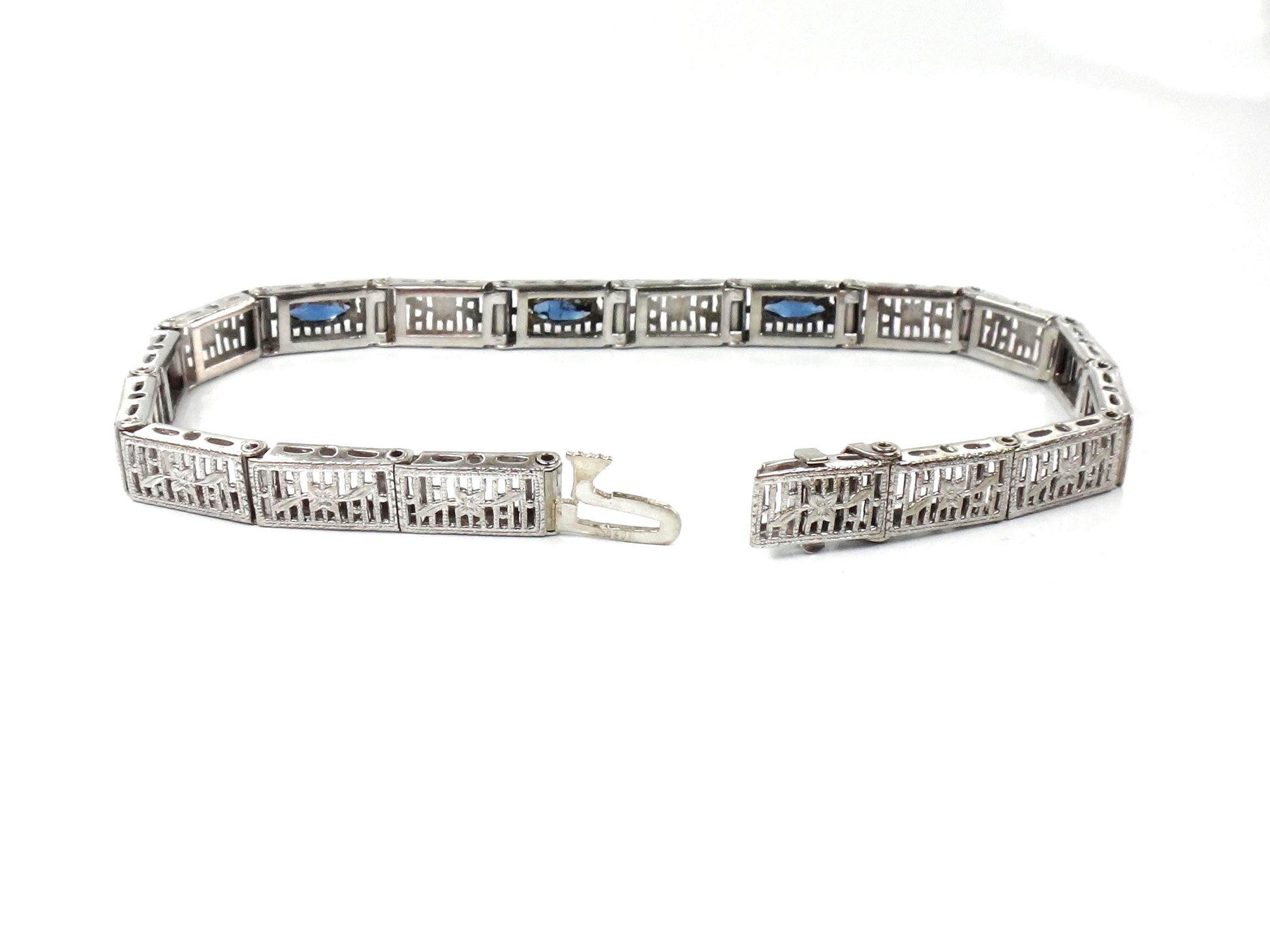 Art Deco 14k White Gold Filigree Blue Glass Straight Line Bracelet 6.75"-BelmarJewelers
