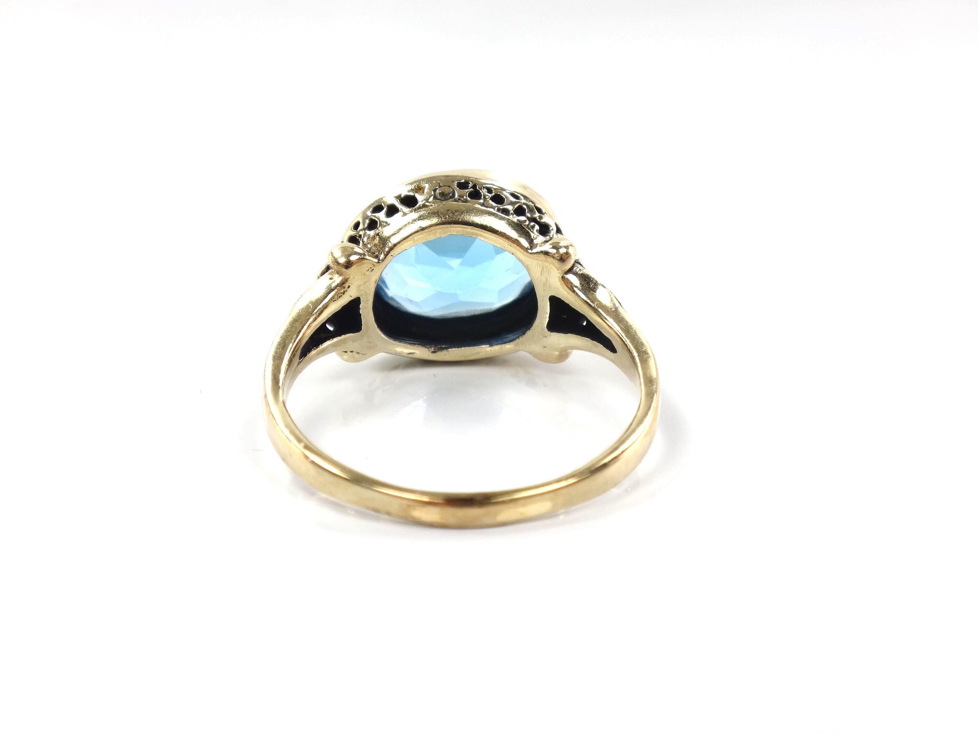 Vintage 14k Yellow Gold Sideways Blue Topaz Ring, Floral, Size 6.25-BelmarJewelers