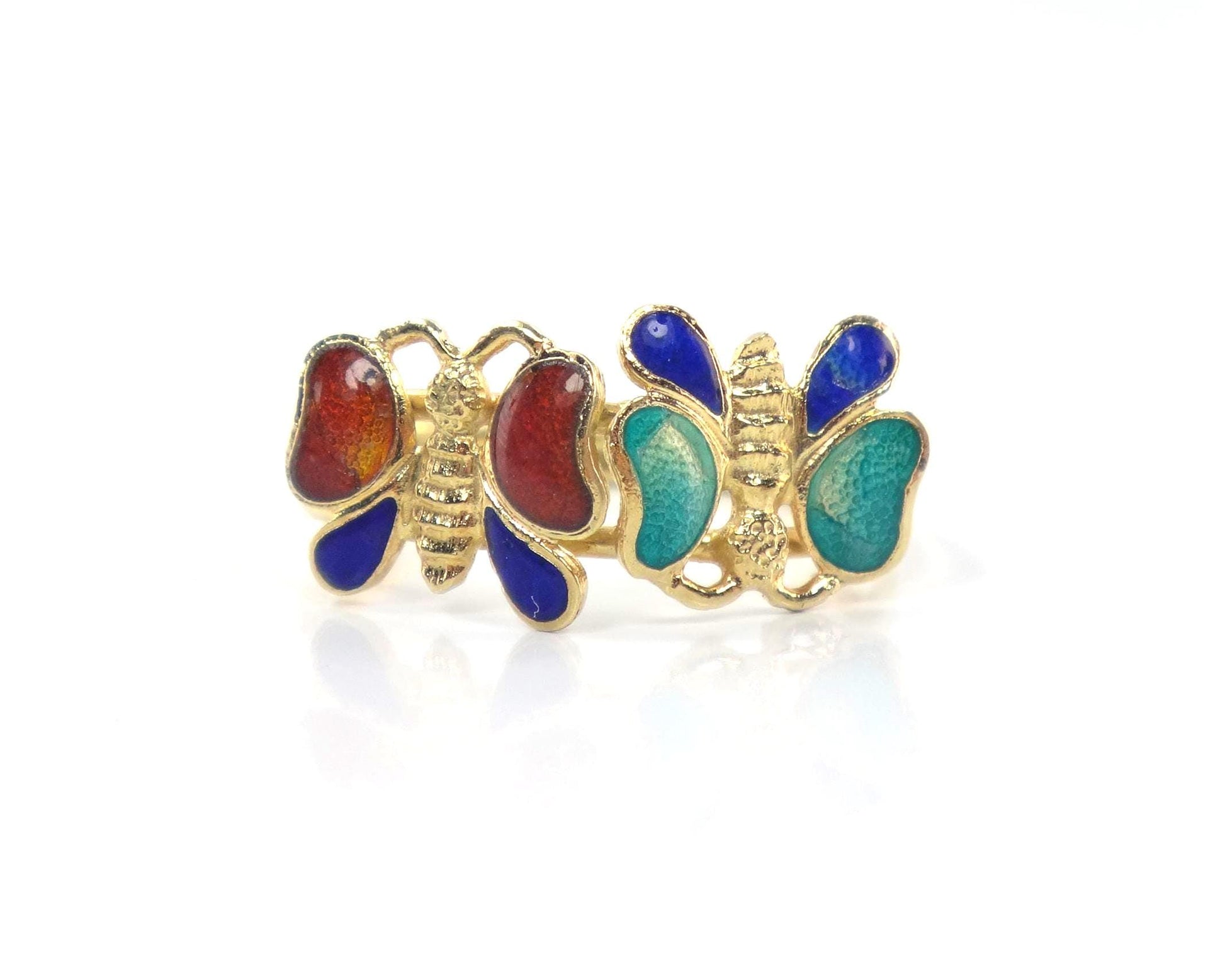 Solid 14k Gold Enamel Butterfly Ring - Vintage - Size 5.25-BelmarJewelers