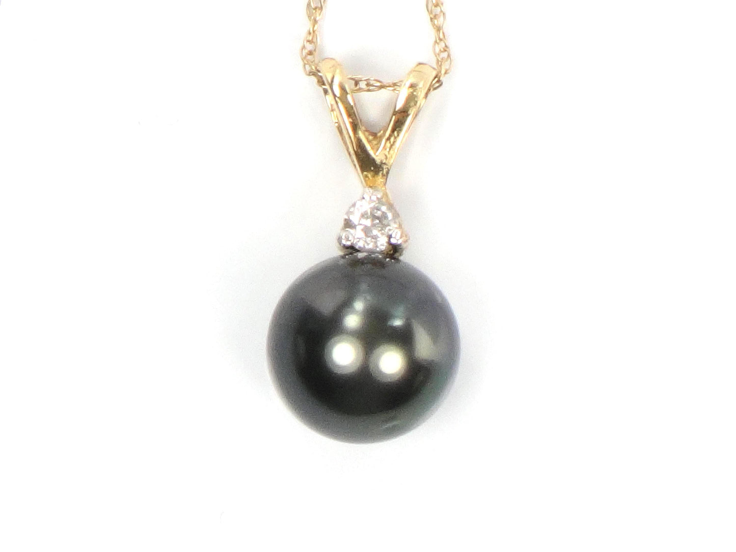 Vintage 14k Gold Black Pearl and Diamond Drop Necklace: 8 mm 18"-BelmarJewelers