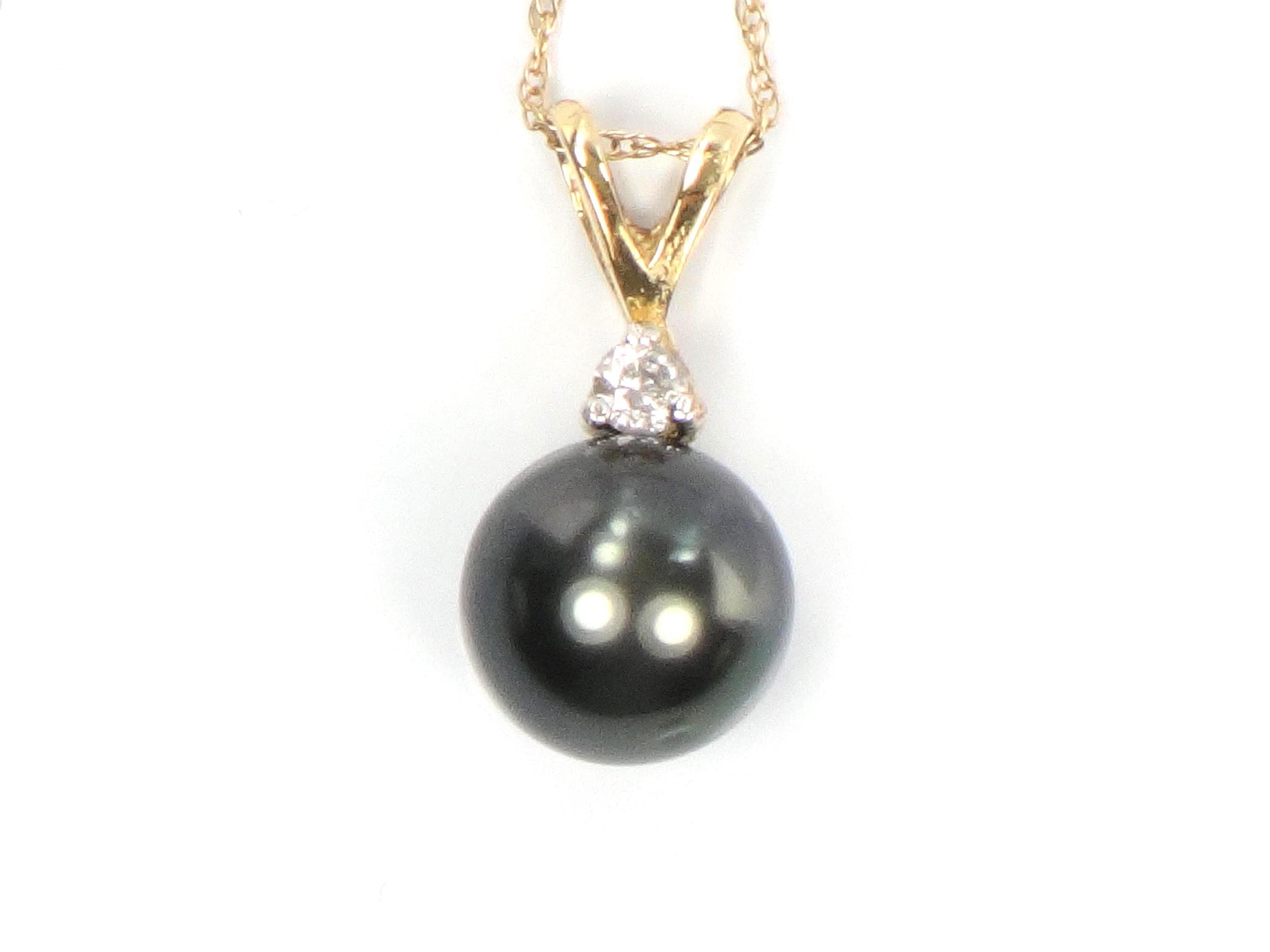 Vintage 14k Gold Black Pearl and Diamond Drop Necklace: 8 mm 18"-BelmarJewelers