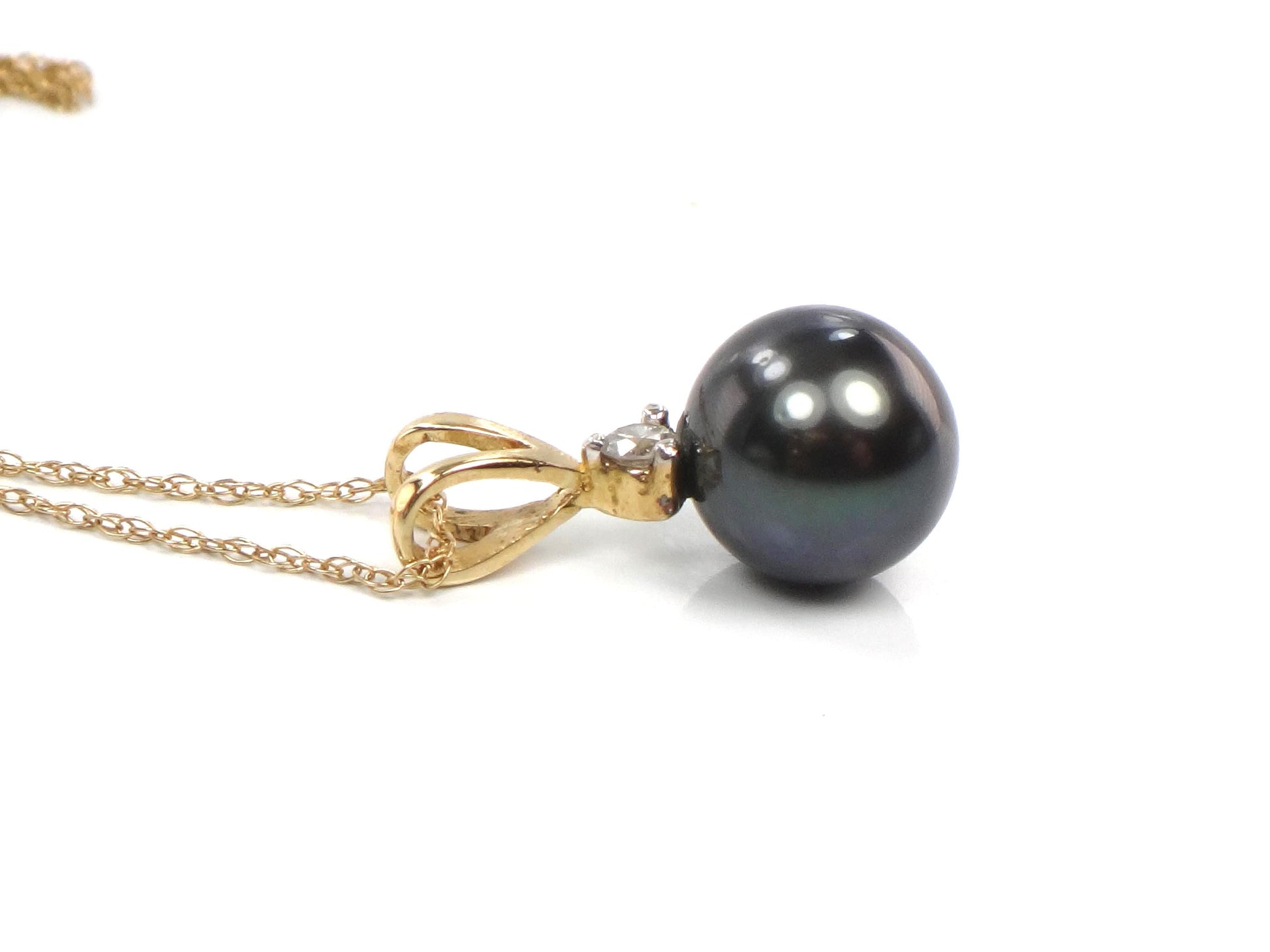 Vintage 14k Gold Black Pearl and Diamond Drop Necklace: 8 mm 18"-BelmarJewelers