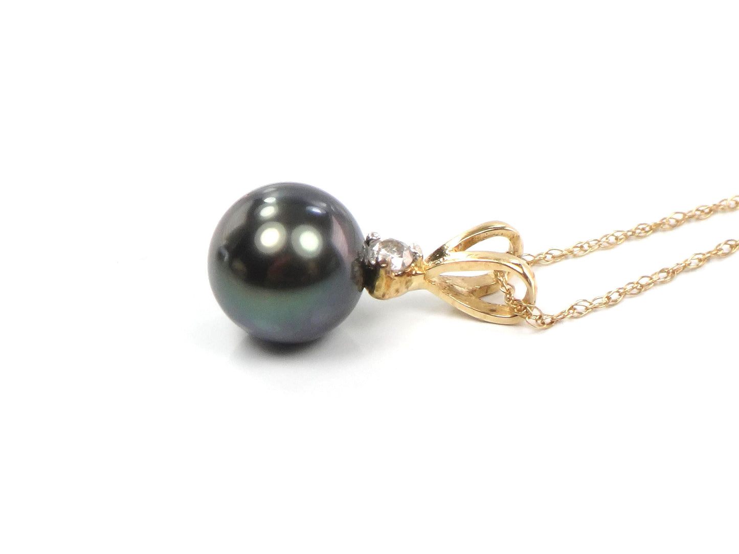 Vintage 14k Gold Black Pearl and Diamond Drop Necklace: 8 mm 18"-BelmarJewelers