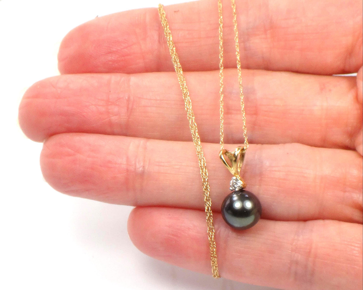 Vintage 14k Gold Black Pearl and Diamond Drop Necklace: 8 mm 18"-BelmarJewelers