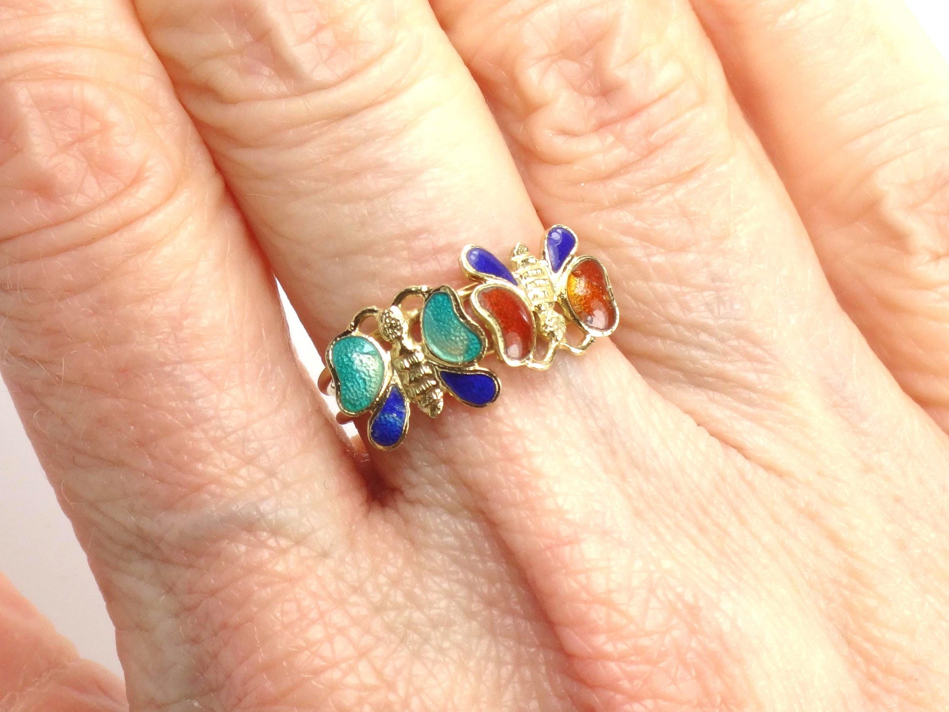 Solid 14k Gold Enamel Butterfly Ring - Vintage - Size 5.25-BelmarJewelers