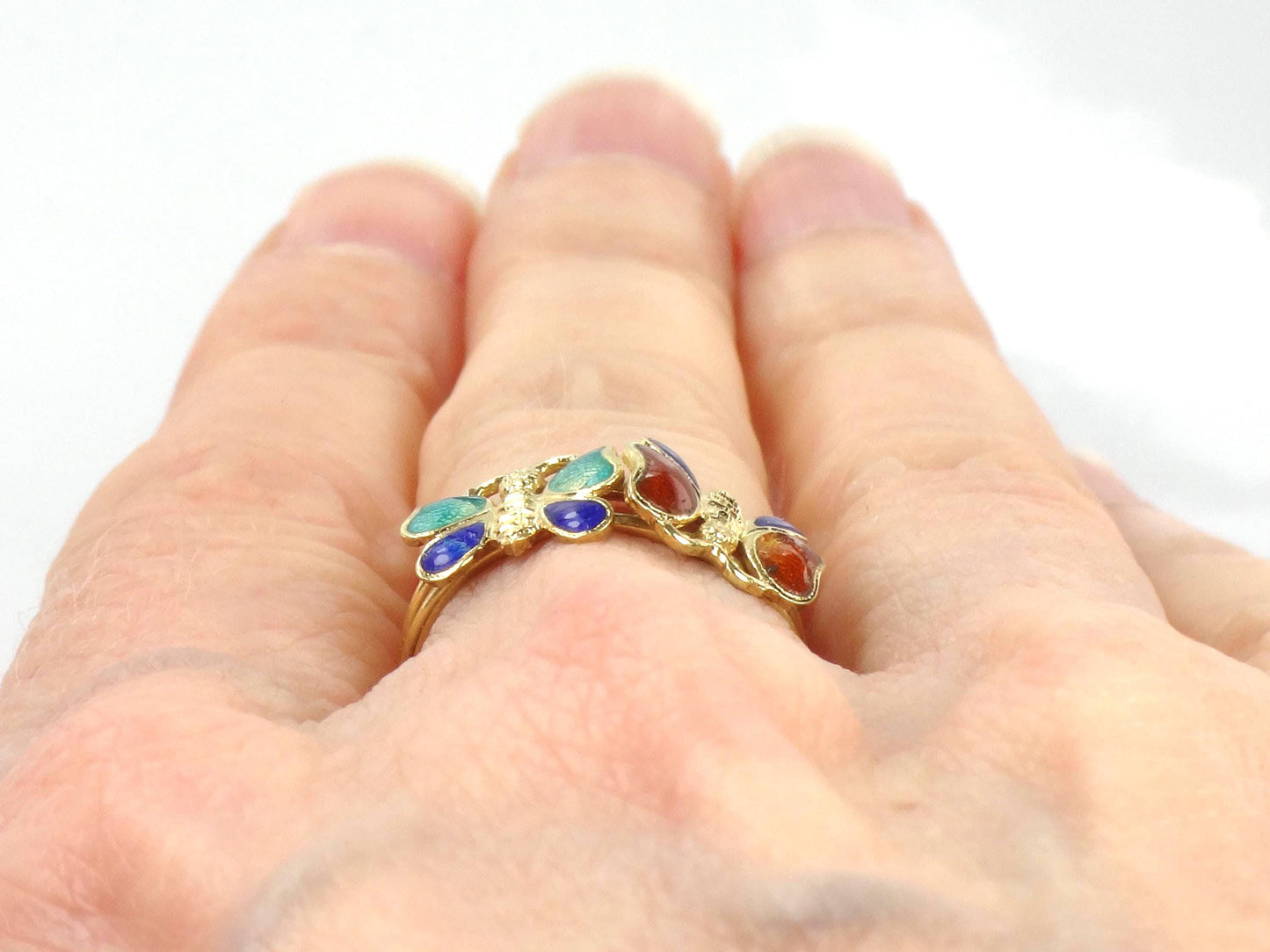 Solid 14k Gold Enamel Butterfly Ring - Vintage - Size 5.25-BelmarJewelers