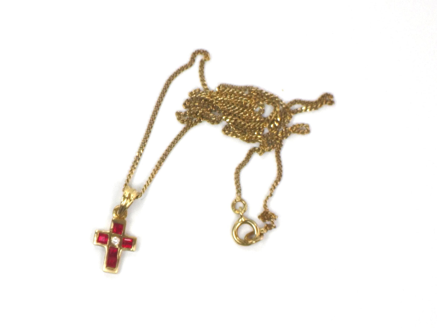 Vintage 18k Gold Ruby and Diamond Cross Necklace 16"-BelmarJewelers