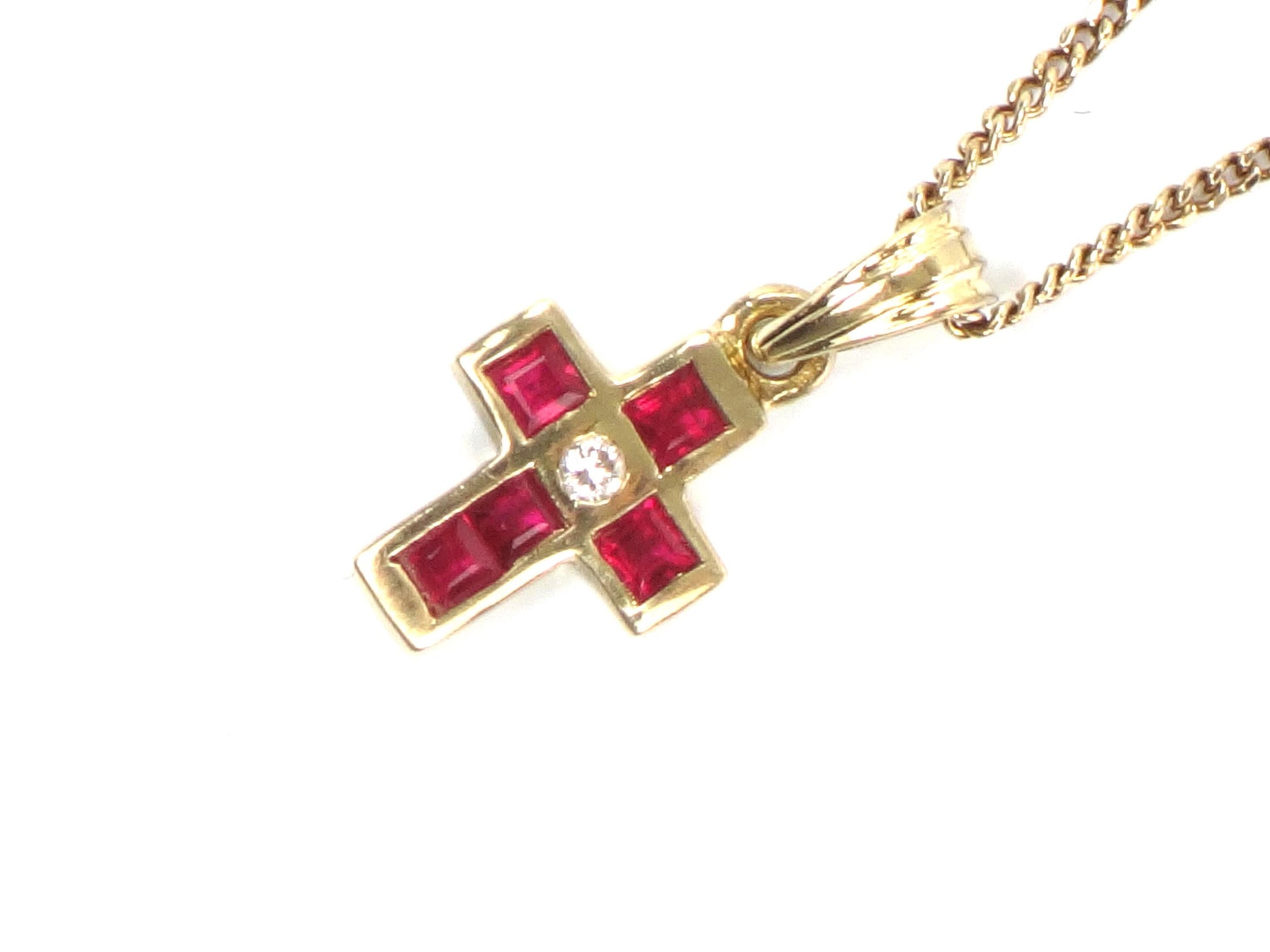 Vintage 18k Gold Ruby and Diamond Cross Necklace 16"-BelmarJewelers