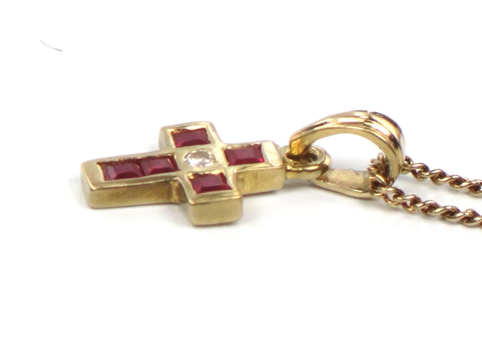 Vintage 18k Gold Ruby and Diamond Cross Necklace 16"-BelmarJewelers