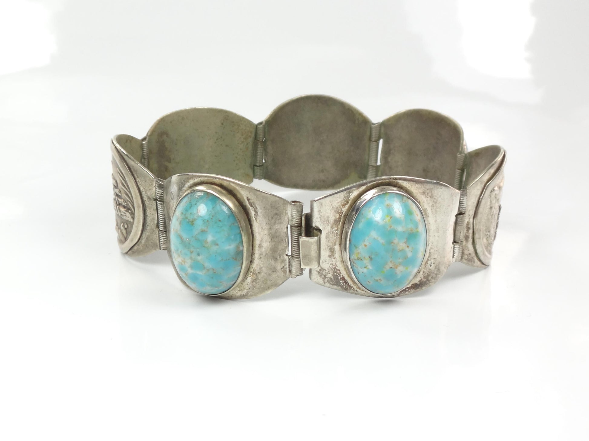 Vintage Silver-Toned Blue Stone Storyteller Bracelet: Mexico 7"-BelmarJewelers