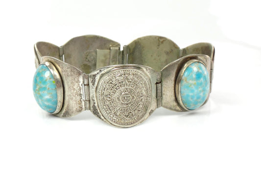 Vintage Silver-Toned Blue Stone Storyteller Bracelet: Mexico 7"-BelmarJewelers