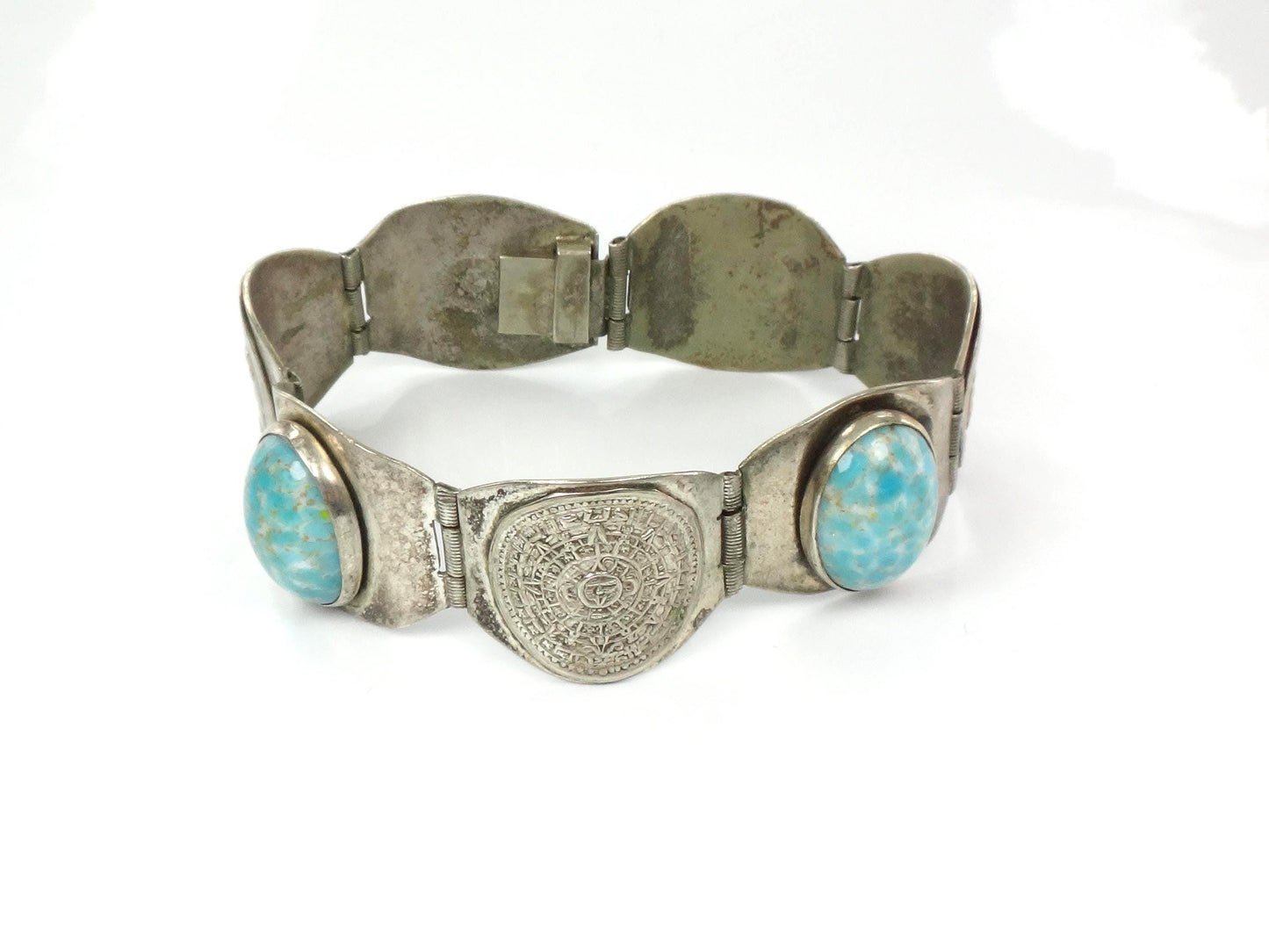 Vintage Silver-Toned Blue Stone Storyteller Bracelet: Mexico 7"-BelmarJewelers