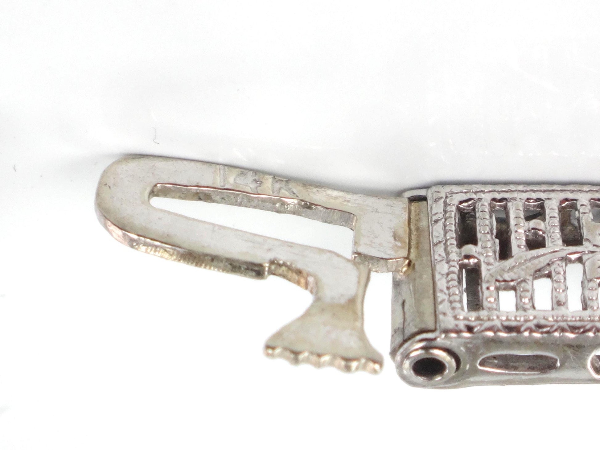Art Deco 14k White Gold Filigree Blue Glass Straight Line Bracelet 6.75"-BelmarJewelers