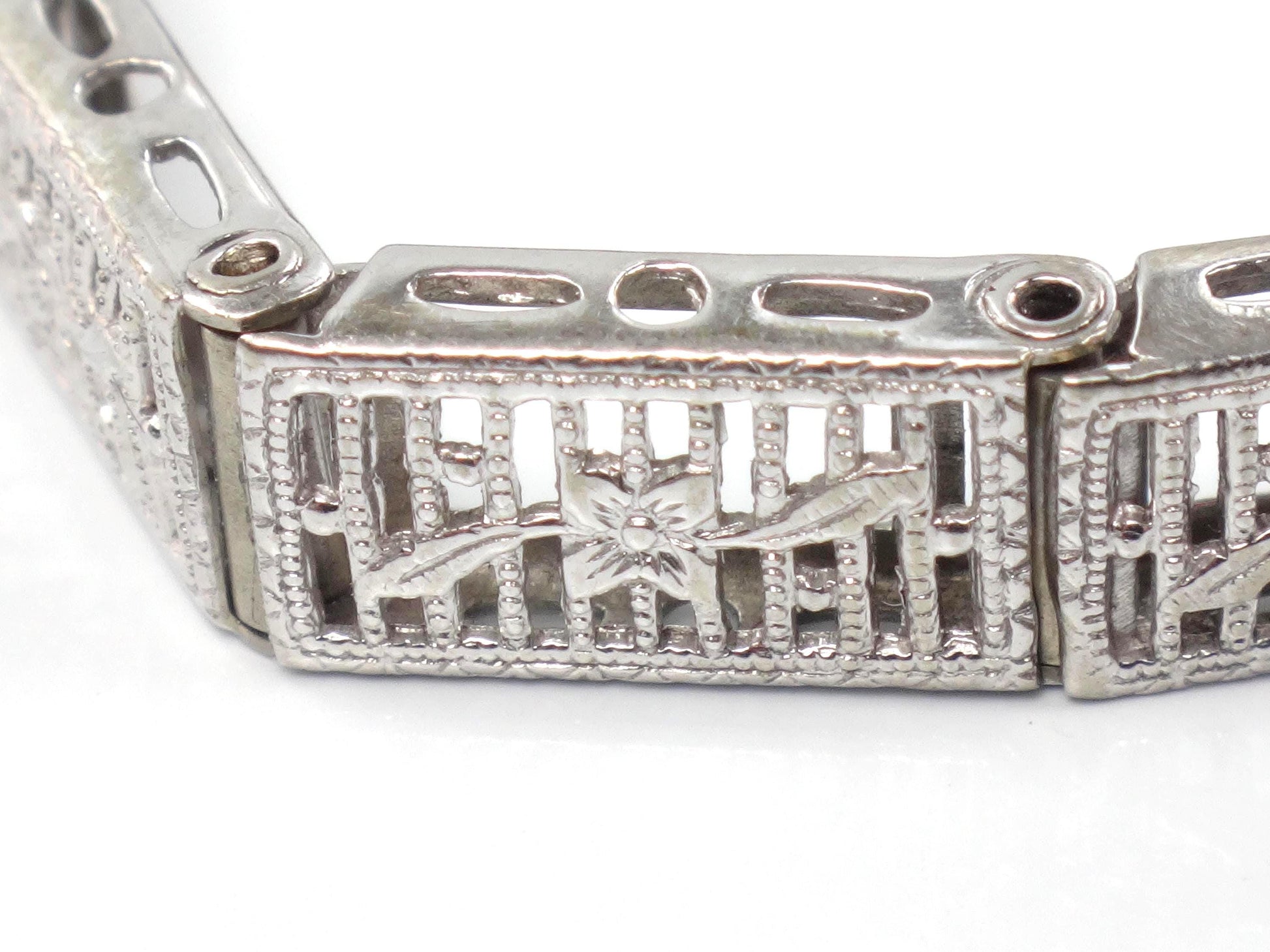 Art Deco 14k White Gold Filigree Blue Glass Straight Line Bracelet 6.75"-BelmarJewelers