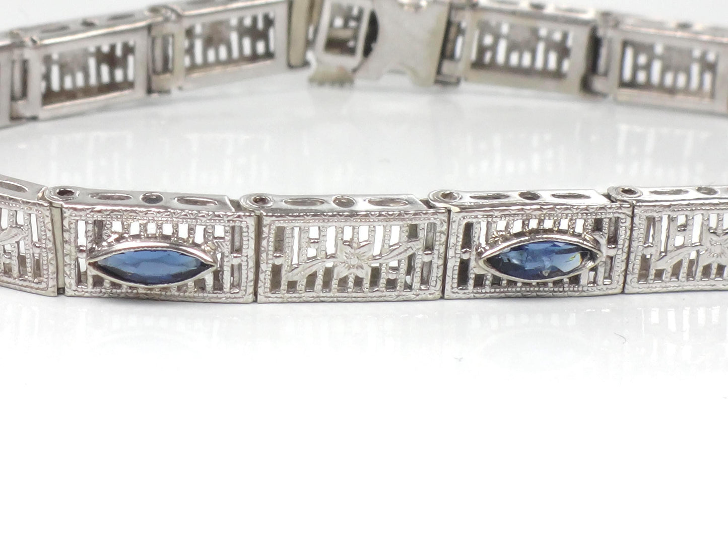 Art Deco 14k White Gold Filigree Blue Glass Straight Line Bracelet 6.75"-BelmarJewelers