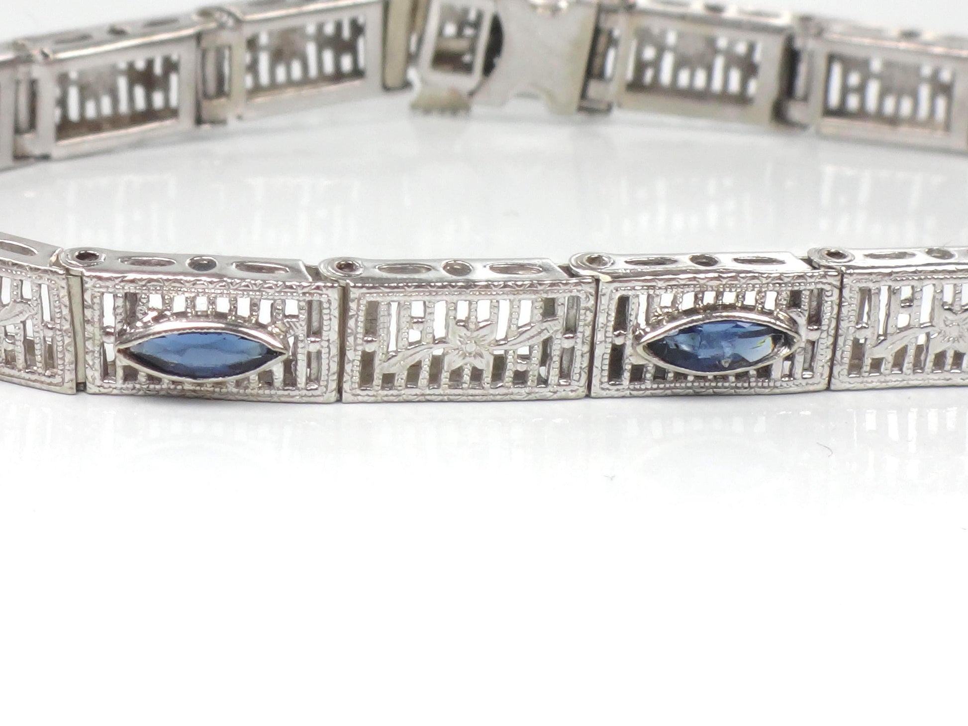 Art Deco 14k White Gold Filigree Blue Glass Straight Line Bracelet 6.75"-BelmarJewelers