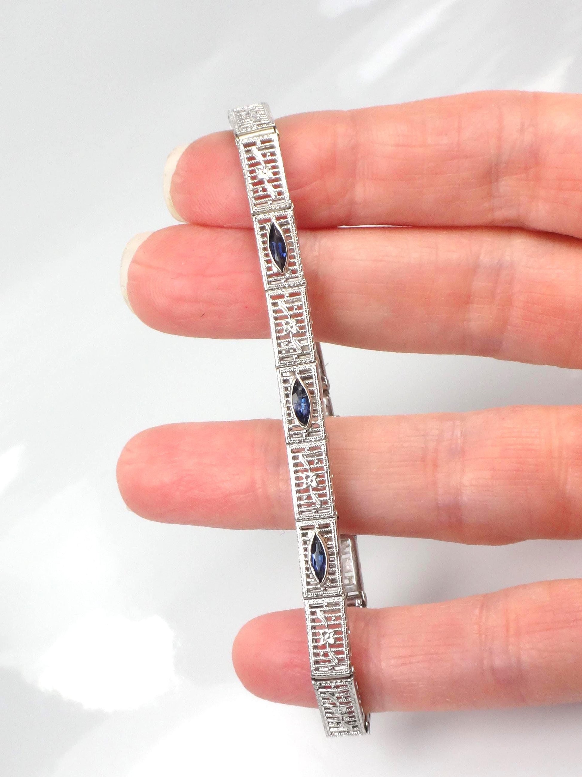Art Deco 14k White Gold Filigree Blue Glass Straight Line Bracelet 6.75"-BelmarJewelers