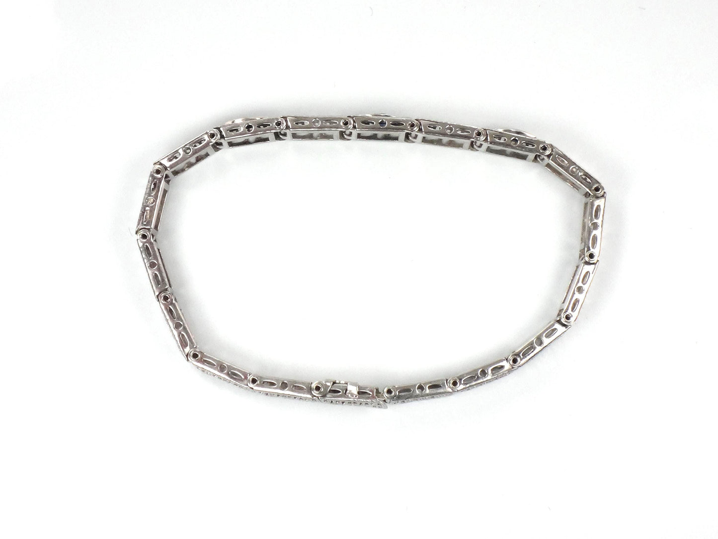 Art Deco 14k White Gold Filigree Blue Glass Straight Line Bracelet 6.75"-BelmarJewelers