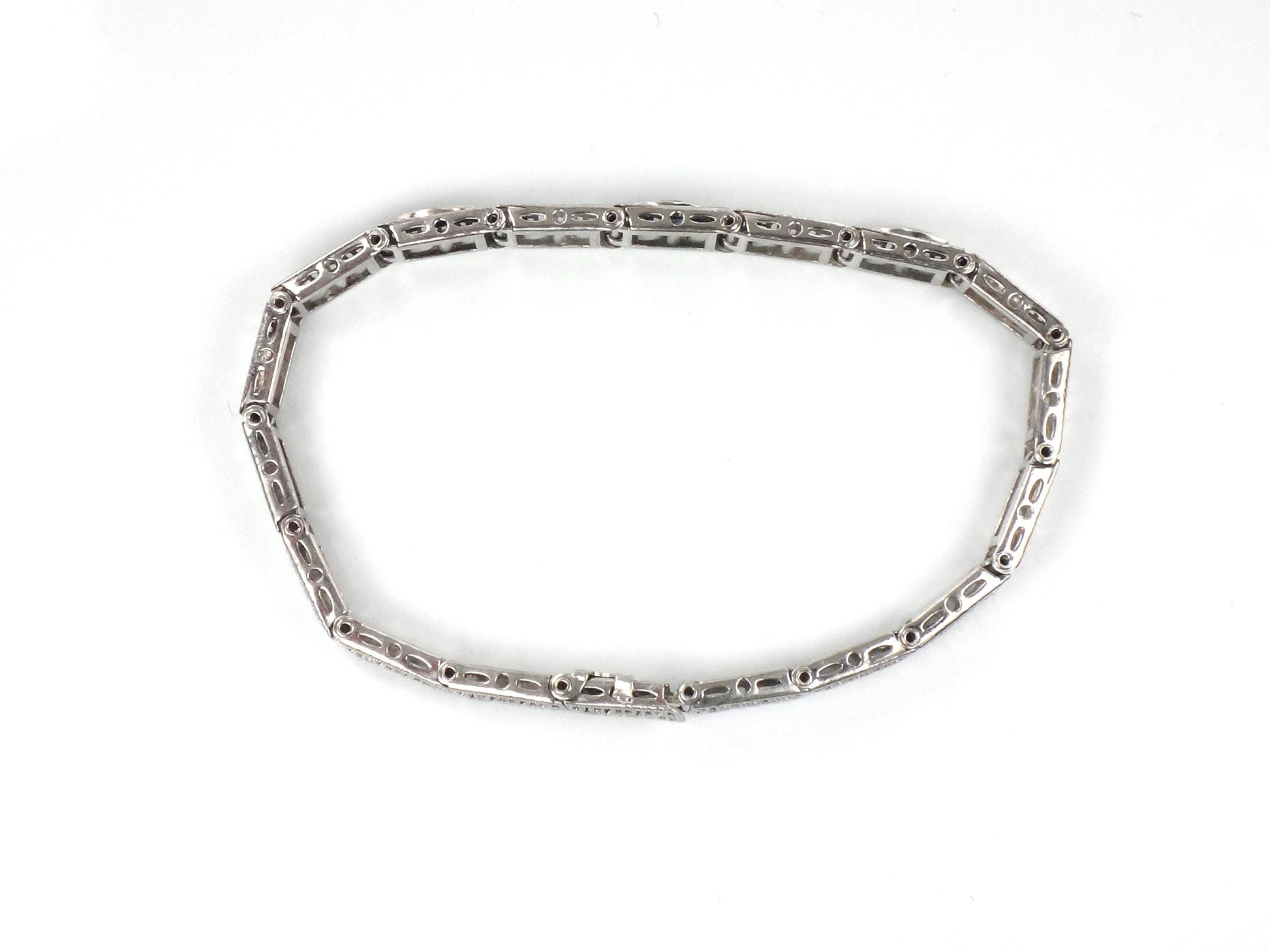 Art Deco 14k White Gold Filigree Blue Glass Straight Line Bracelet 6.75"-BelmarJewelers