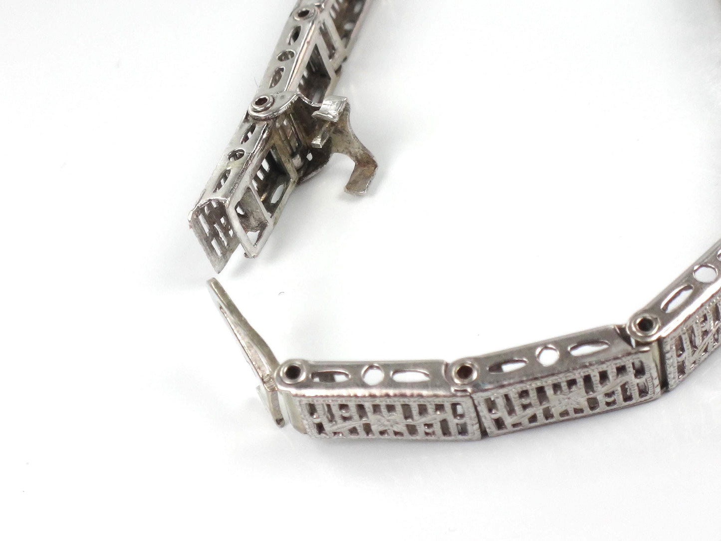 Art Deco 14k White Gold Filigree Blue Glass Straight Line Bracelet 6.75"-BelmarJewelers