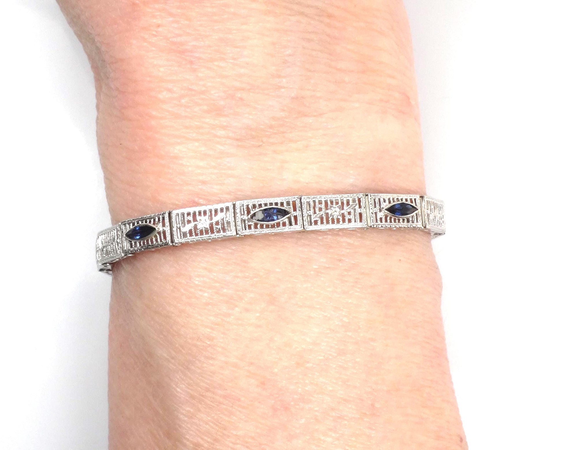 Art Deco 14k White Gold Filigree Blue Glass Straight Line Bracelet 6.75"-BelmarJewelers