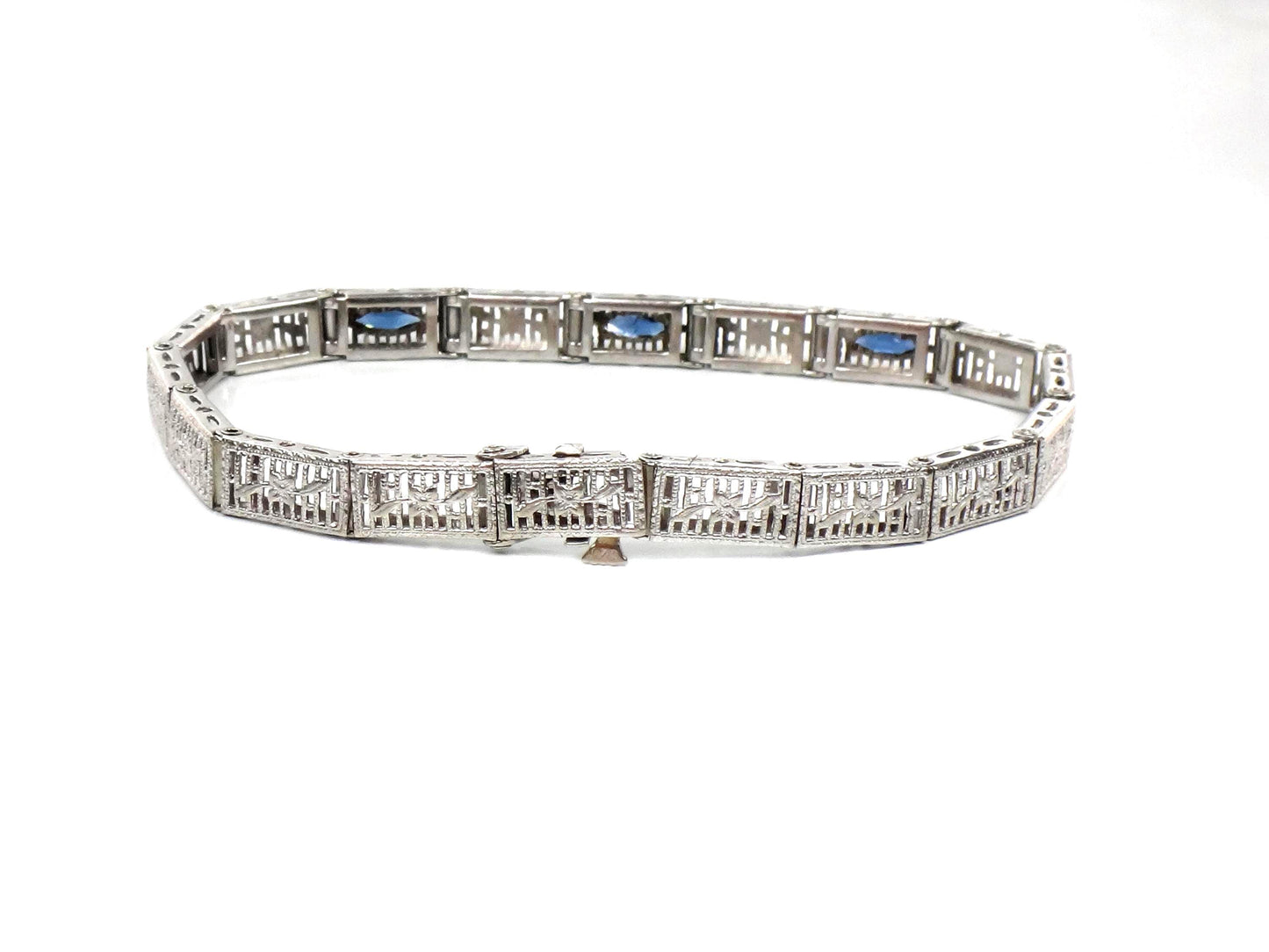 Art Deco 14k White Gold Filigree Blue Glass Straight Line Bracelet 6.75"-BelmarJewelers