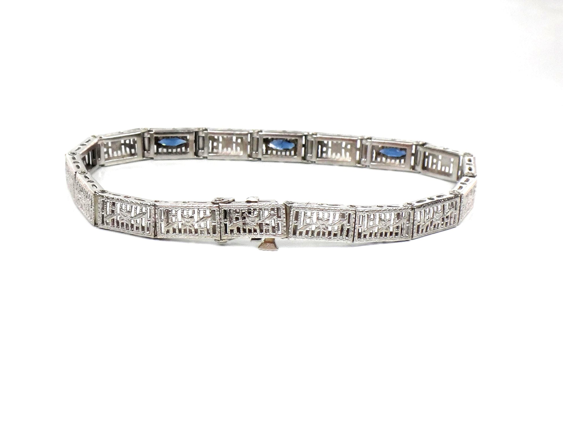 Art Deco 14k White Gold Filigree Blue Glass Straight Line Bracelet 6.75"-BelmarJewelers