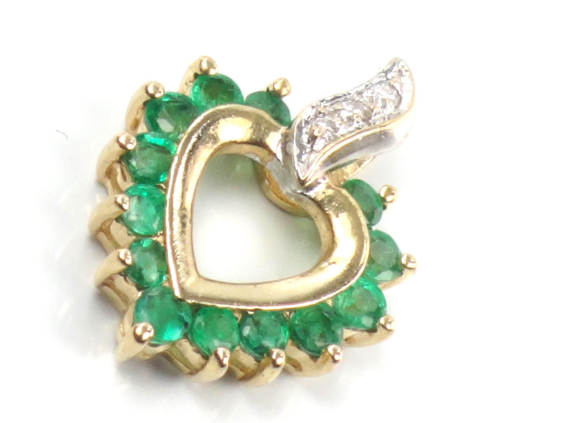 Vintage 14k Gold Natural Emerald & Diamond Heart Pendant-BelmarJewelers