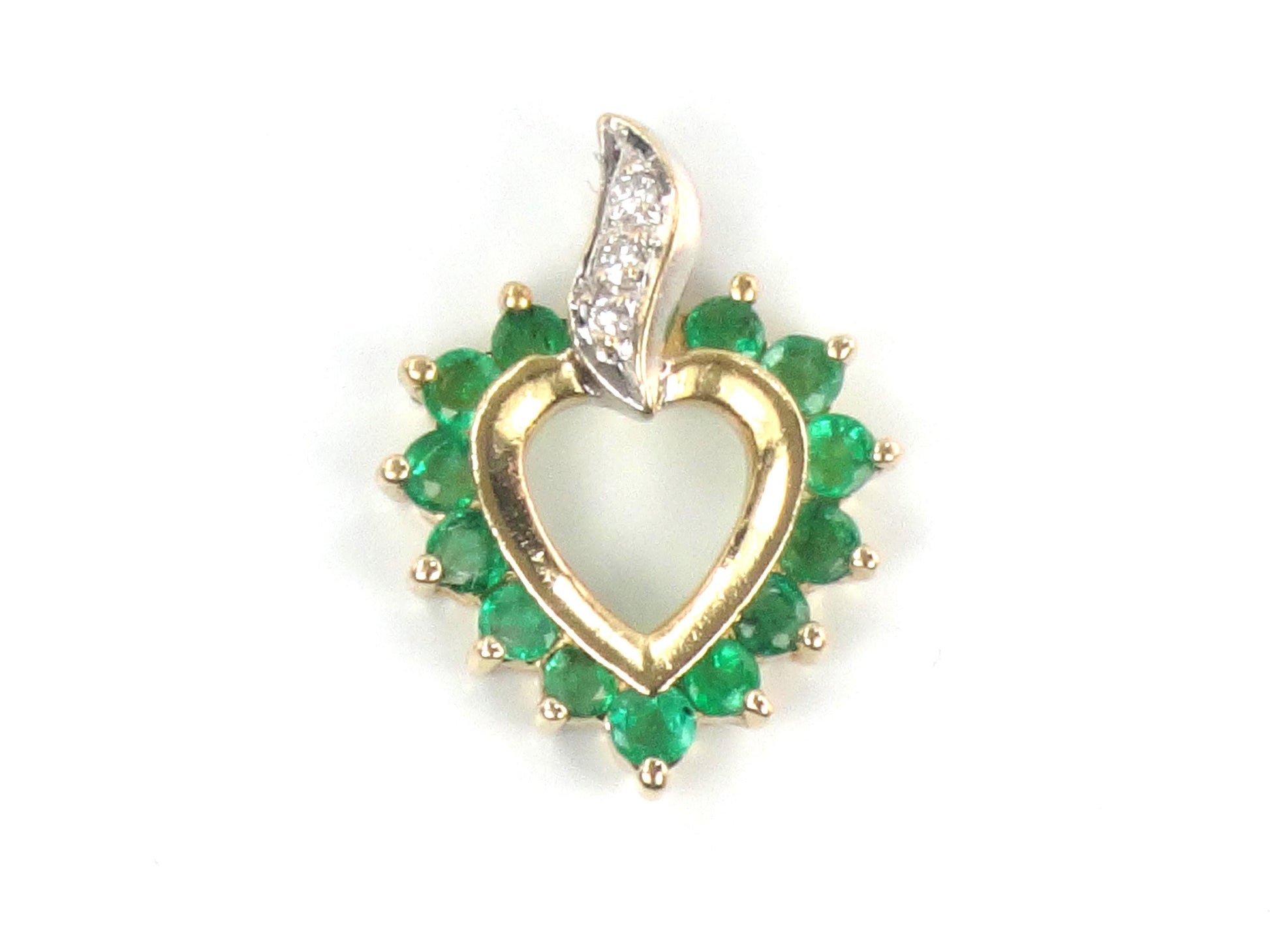 Vintage 14k Gold Natural Emerald & Diamond Heart Pendant-BelmarJewelers