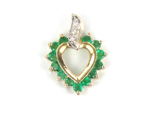 Vintage 14k Gold Natural Emerald & Diamond Heart Pendant-BelmarJewelers