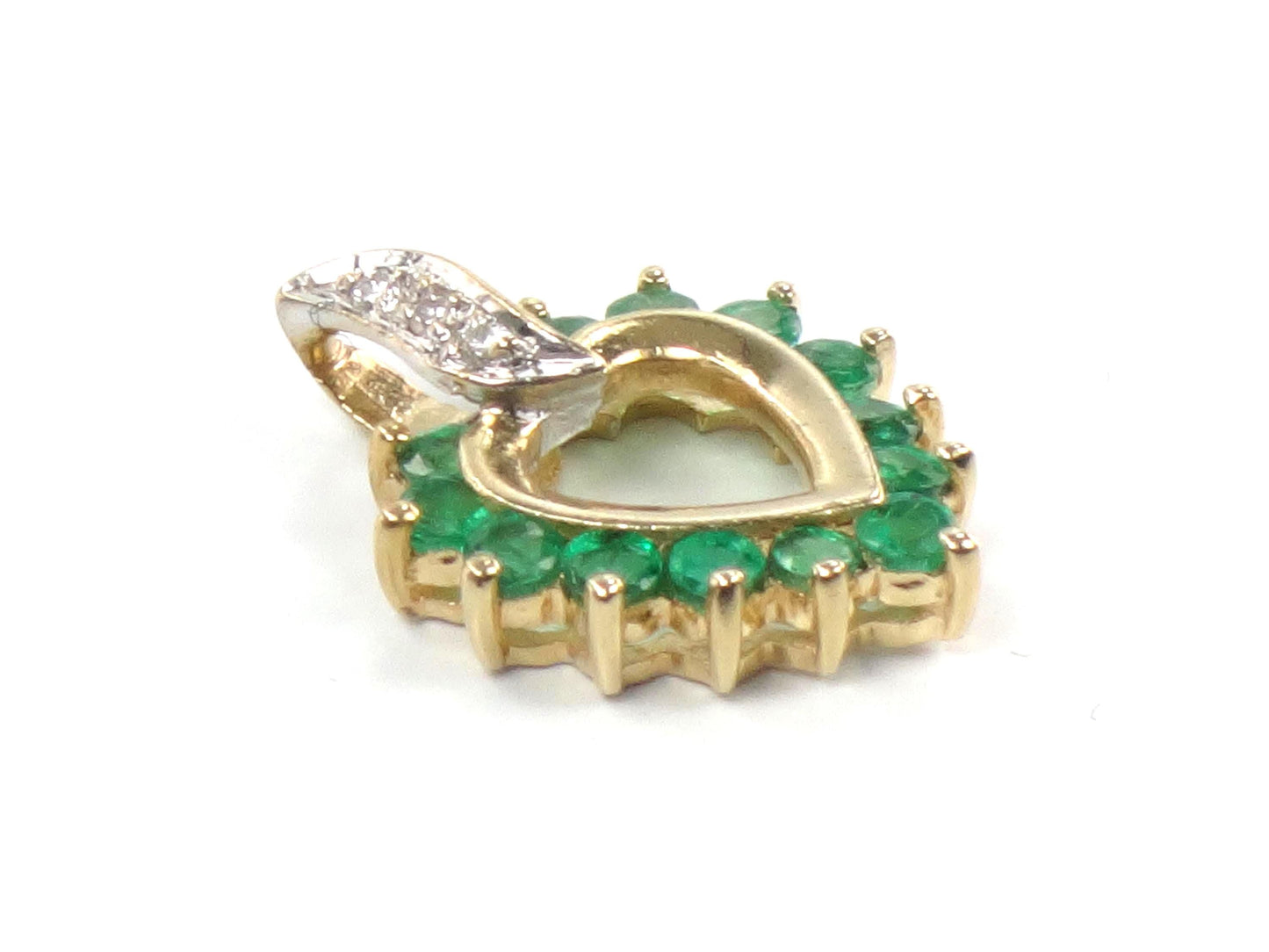 Vintage 14k Gold Natural Emerald & Diamond Heart Pendant-BelmarJewelers