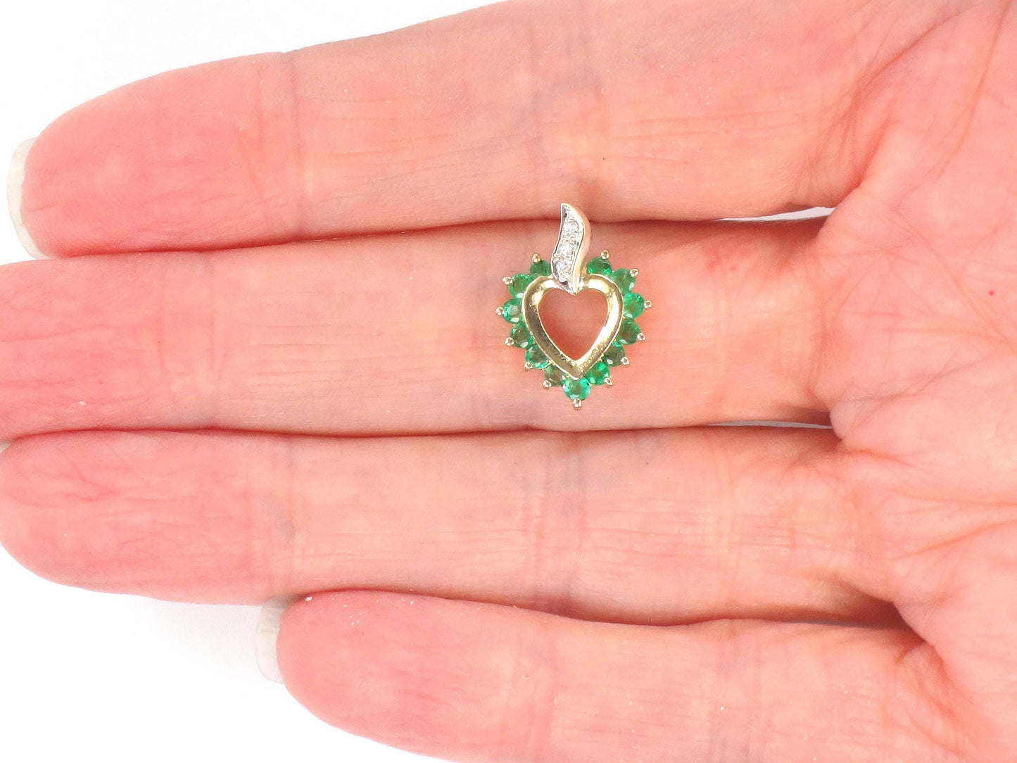 Vintage 14k Gold Natural Emerald & Diamond Heart Pendant-BelmarJewelers