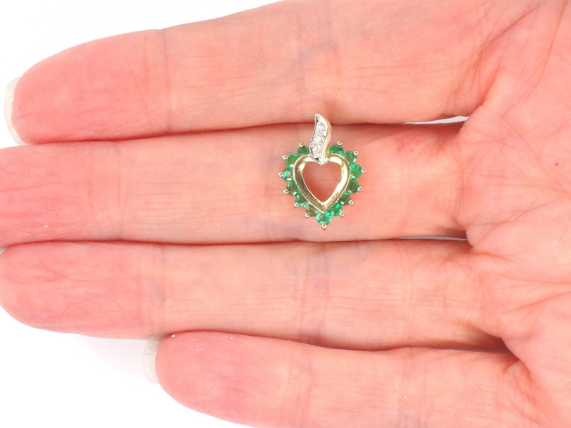 Vintage 14k Gold Natural Emerald & Diamond Heart Pendant-BelmarJewelers