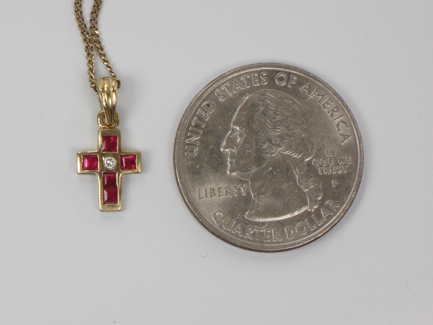 Vintage 18k Gold Ruby and Diamond Cross Necklace 16"-BelmarJewelers