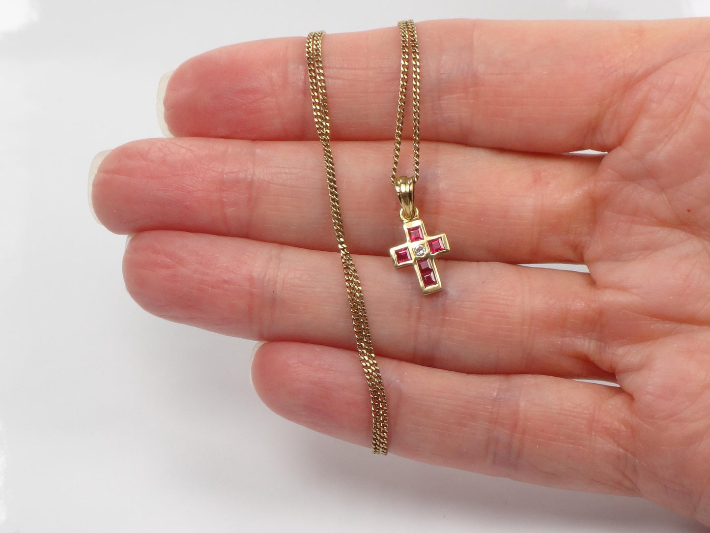 Vintage 18k Gold Ruby and Diamond Cross Necklace 16"-BelmarJewelers