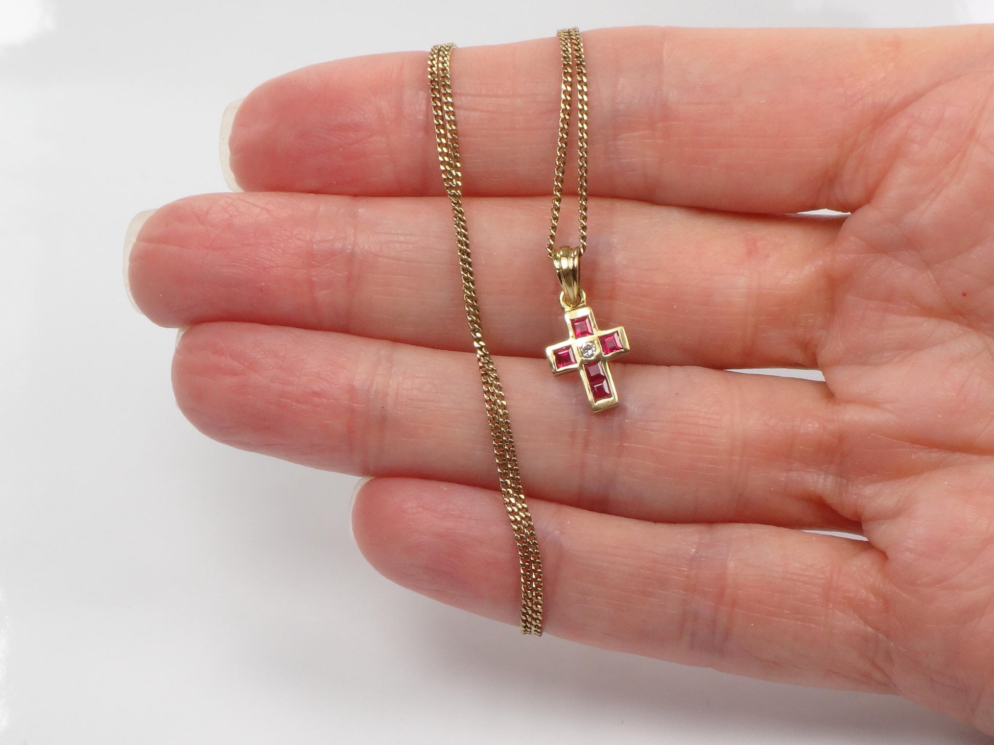 Vintage 18k Gold Ruby and Diamond Cross Necklace 16"-BelmarJewelers