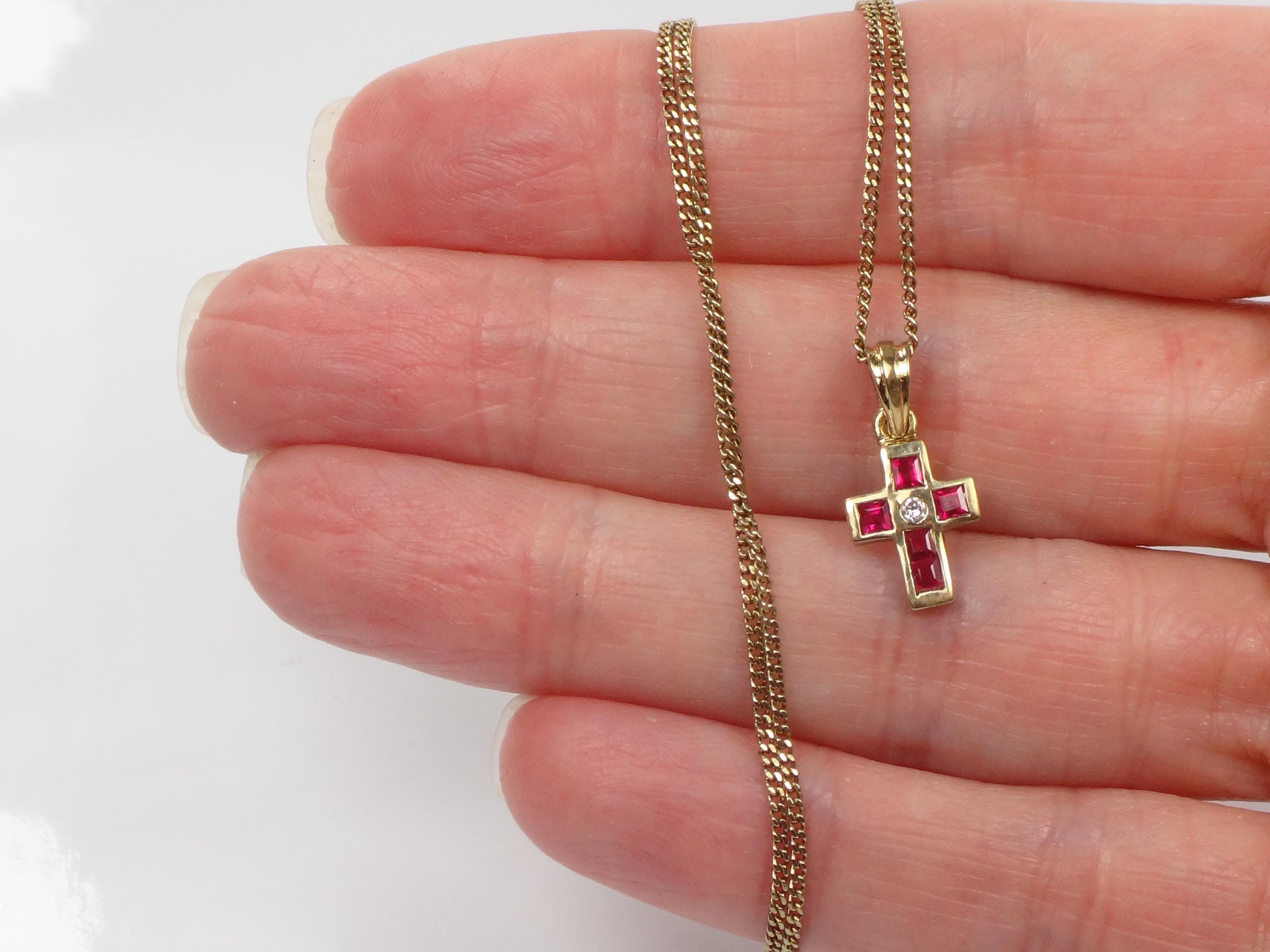 Vintage 18k Gold Ruby and Diamond Cross Necklace 16"-BelmarJewelers