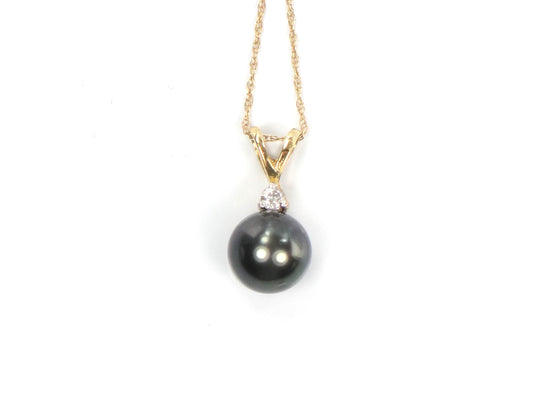 Vintage 14k Gold Black Pearl and Diamond Drop Necklace: 8 mm 18"-BelmarJewelers