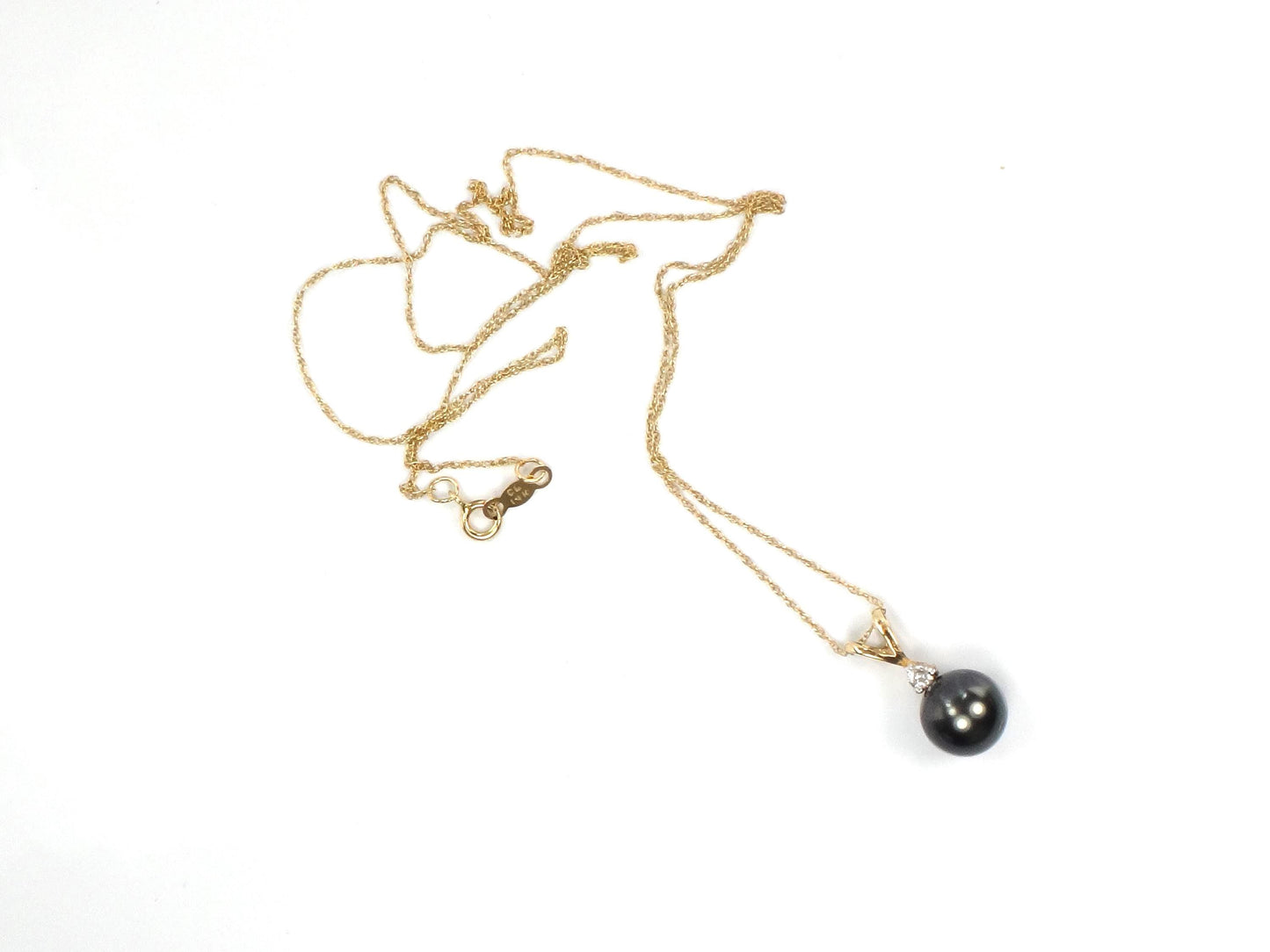 Vintage 14k Gold Black Pearl and Diamond Drop Necklace: 8 mm 18"-BelmarJewelers