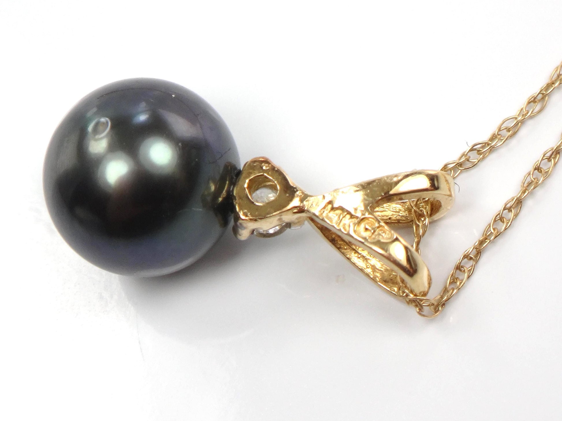 Vintage 14k Gold Black Pearl and Diamond Drop Necklace: 8 mm 18"-BelmarJewelers